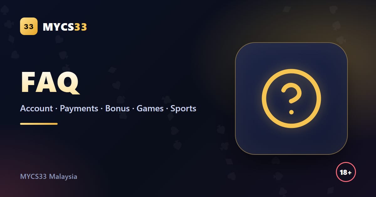 Ilustrasi tanda soal dengan logo MYCS33 dan kategori akaun, pembayaran, bonus, permainan dan sukan