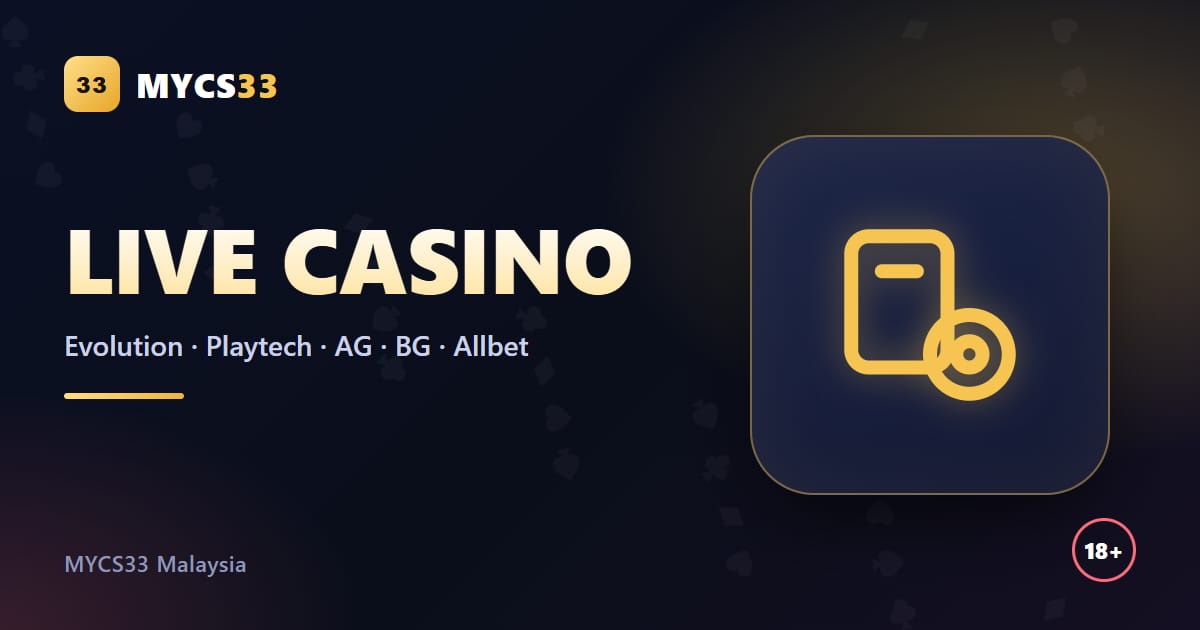 Ilustrasi kasino langsung MYCS33 dengan kad permainan dan cip bersama nama studio Evolution, Playtech, AG, BG dan Allbet