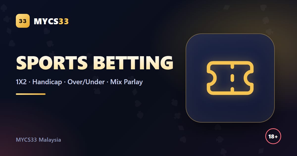 Ilustrasi tiket pertaruhan dengan logo MYCS33 dan label 1X2, handicap, atas/bawah dan mix parlay