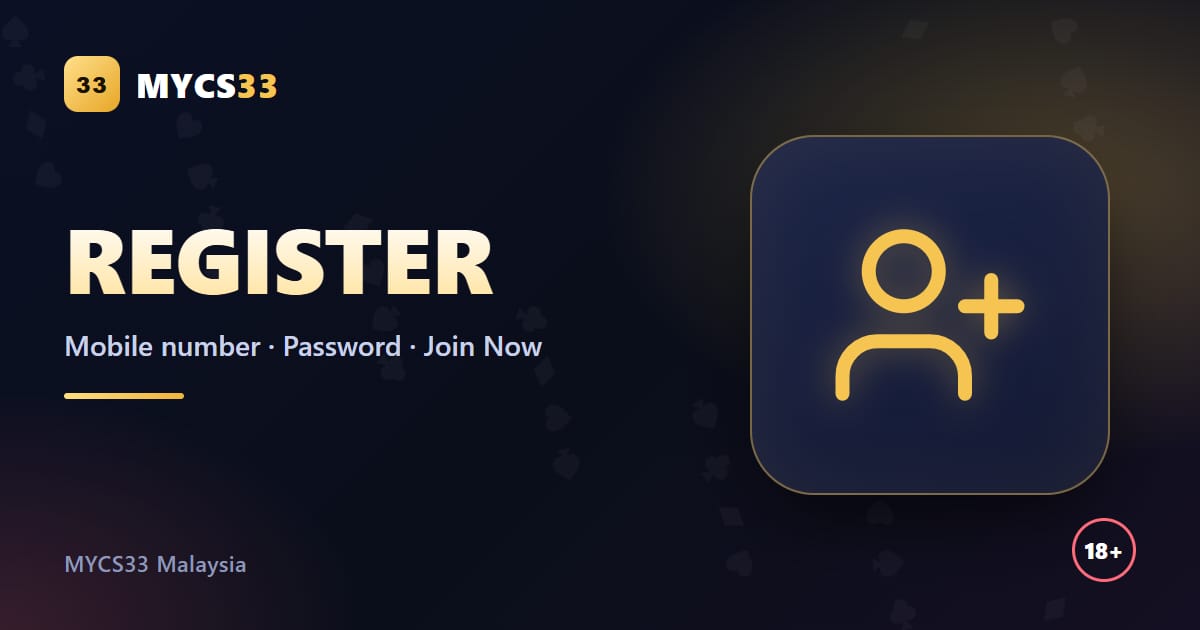 Ilustrasi ikon pengguna baharu dengan logo MYCS33 dan langkah pendaftaran nombor telefon, kata laluan dan Join Now